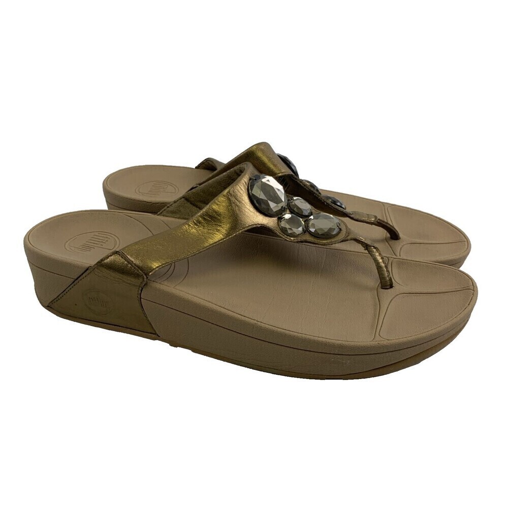 FitFlop Lunetta Wedge Sandal Comfort Slip on‎ Gold Leather Embellished Womens 10